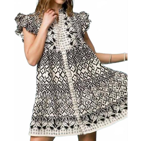 Umgee Full Size Printed Notched Puff Sleeve Mini Dress Plus Size
